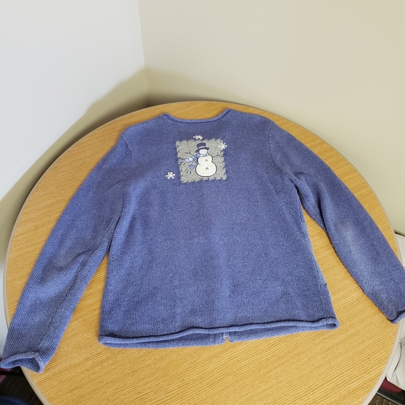 WOMENS SIZE MEDIUM, PERIWINKLE, ZIPPER CARDIGAN SNOWMAN SWEATER - Picture 7 of 11